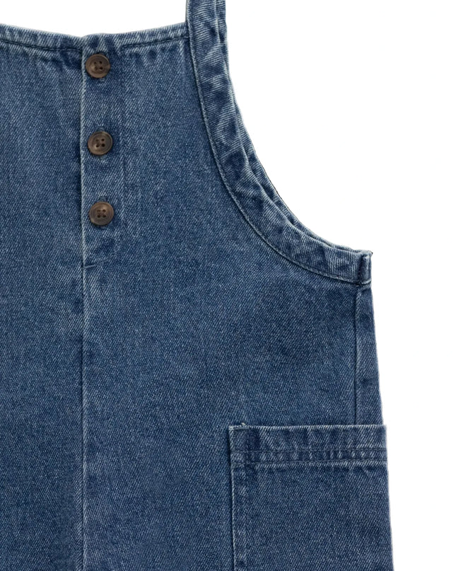 Close up of blue denim overalls