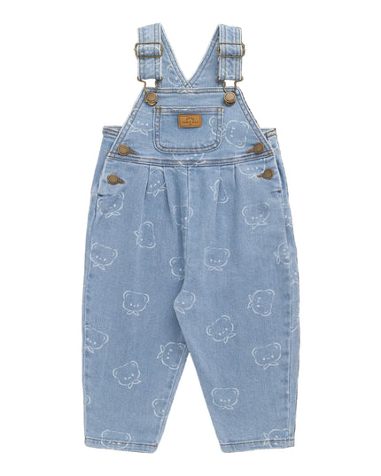 Blue denim overalls with bear pattern