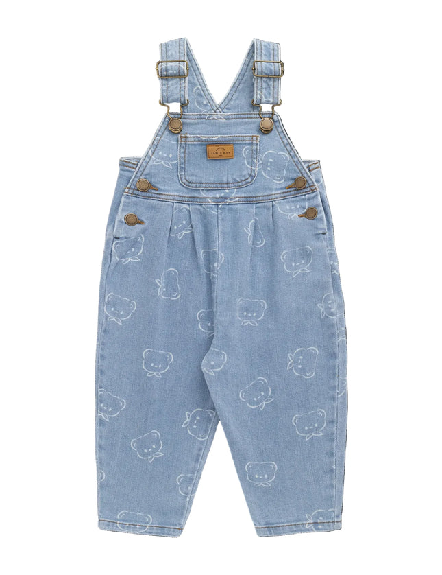 Blue denim overalls with bear pattern