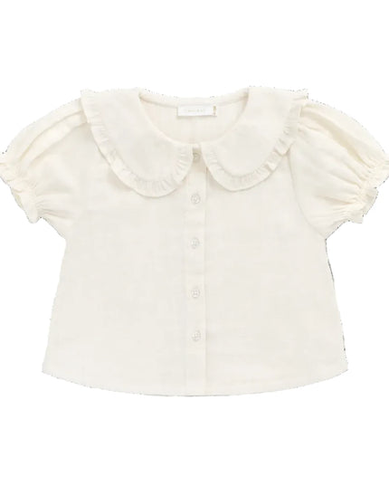 White button down blouse with ruffled collar and sleeves
