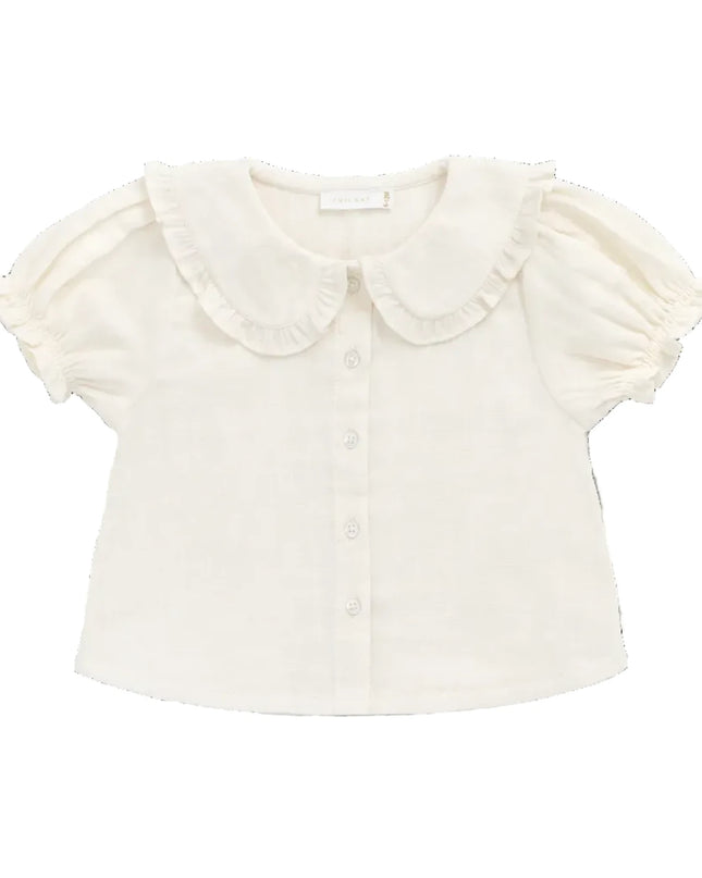 White button down blouse with ruffled collar and sleeves