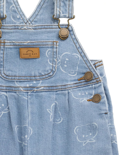 Blue denim overalls with bear pattern