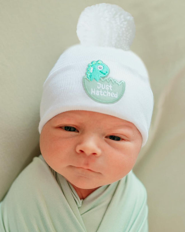 ILYBEAN "Just Hatched" White Newborn Hat with Pom Pom - Giggles & Glitter