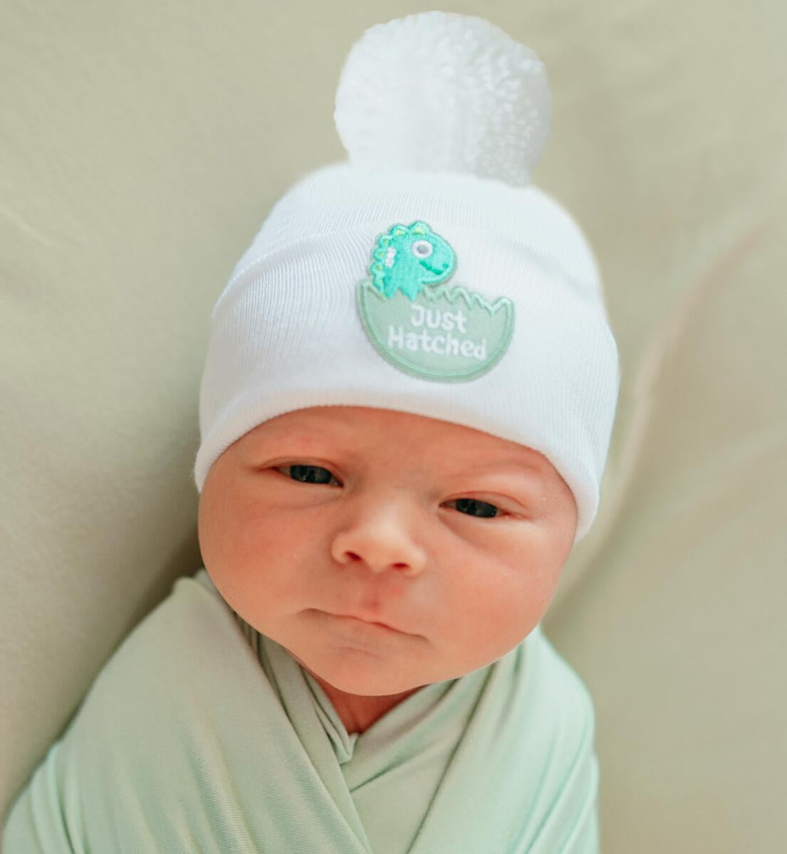 ILYBEAN "Just Hatched" White Newborn Hat with Pom Pom