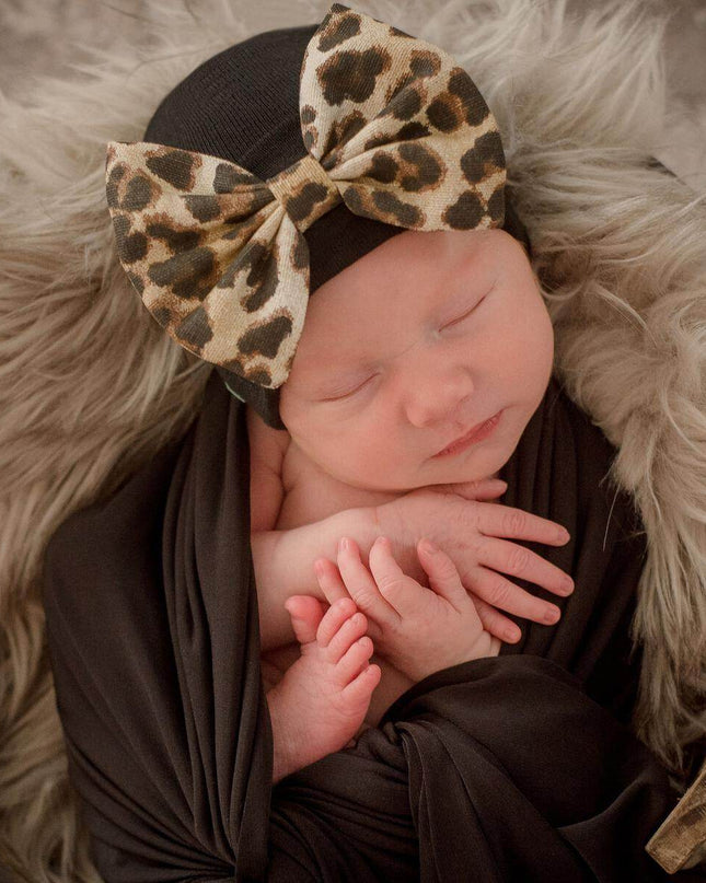 ILYBEAN Leopard Bow Newborn Hat - Giggles & Glitter