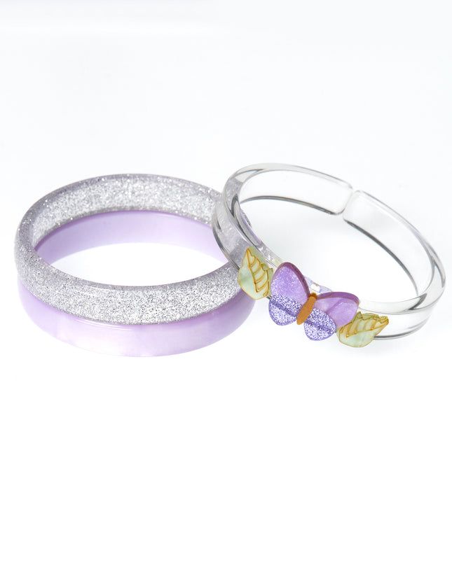 Purple, Silver and Clear Bracelet with purple butterfly and leaves 