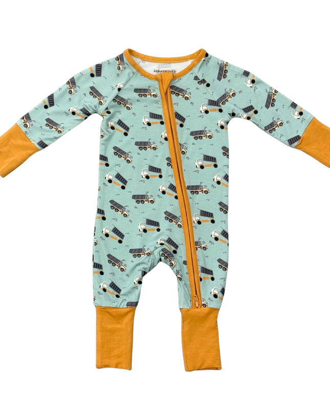 Baby onesie with truck pattern and orange accents 