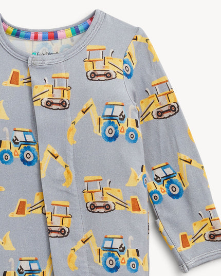 Baby convertible pajamas with yellow construction truck print