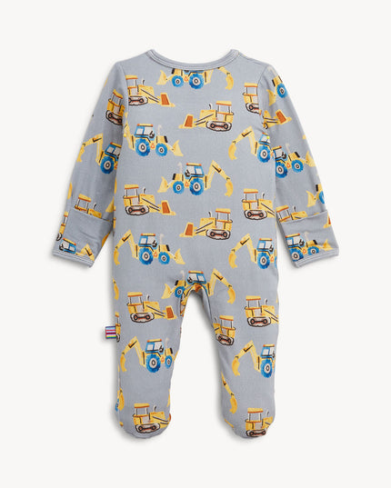 Baby footie pajamas with yellow construction truck print