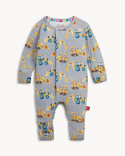 Baby convertible pajamas with yellow construction truck print