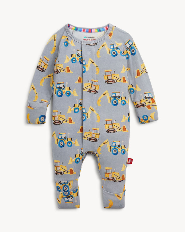 Baby convertible pajamas with yellow construction truck print