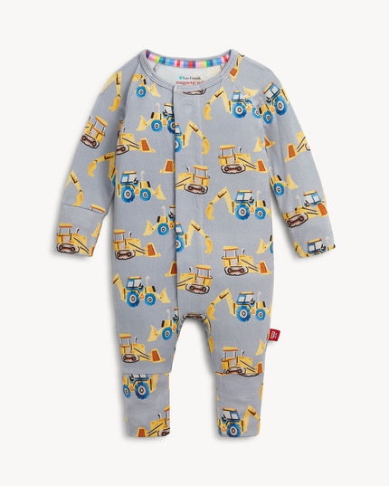 Baby convertible pajamas with yellow construction truck print