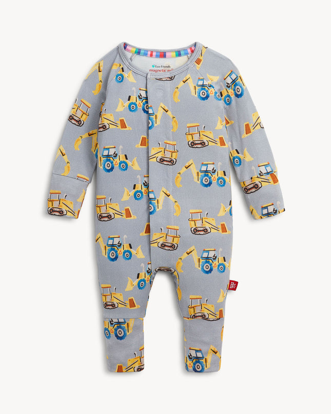 Baby convertible pajamas with yellow construction truck print