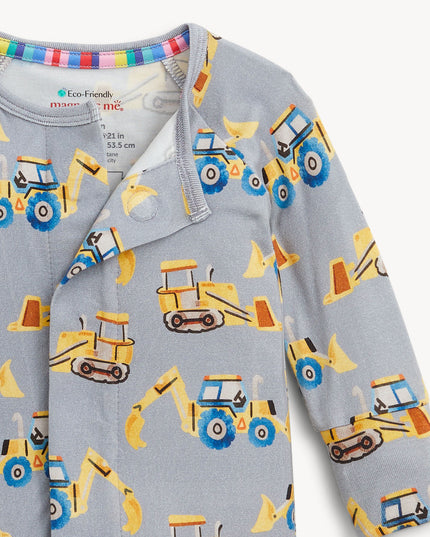 Baby convertible pajamas with yellow construction truck print