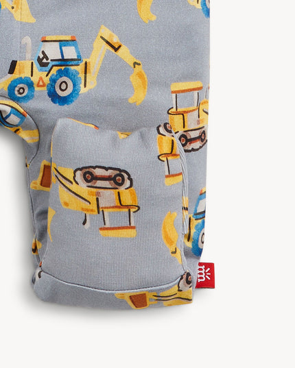 Baby convertible pajamas with yellow construction truck print