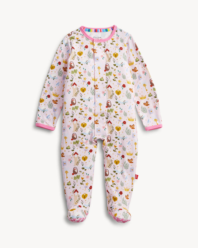 A baby footed pink sleeper with a colorful woodland fairytale pattern of trees, flowers, and crowns, finished with pink trim on the collar and cuffs.