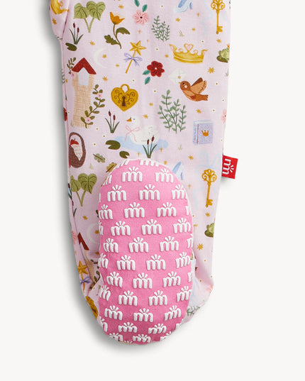 A baby footed pink sleeper with a colorful woodland fairytale pattern of trees, flowers, and crowns, finished with pink trim on the collar and cuffs.