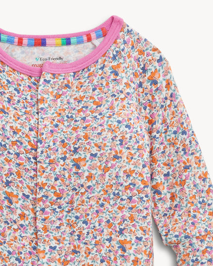Pink Floral Patterned Baby Pajamas with Magnetic Closure