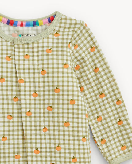 Green Plaid and Pumpkin Patterned Baby Footie Pajamas with Magnetic Closure