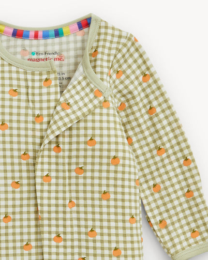 Green Plaid and Pumpkin Patterned Baby Footie Pajamas with Magnetic Closure