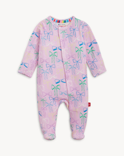 Purple footie pajamas with bow pattern