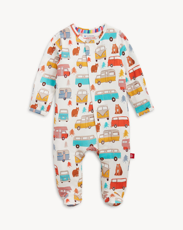 Baby onesie with colorful camping and van pattern