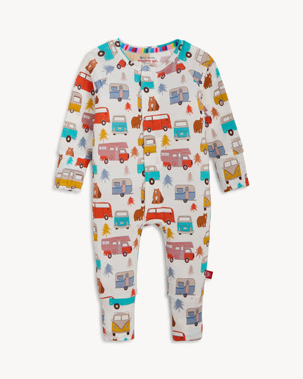 Baby onesie with colorful camping and van pattern