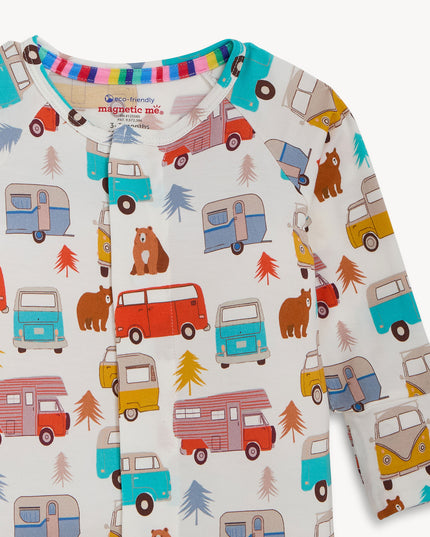 Baby onesie with colorful camping and van pattern
