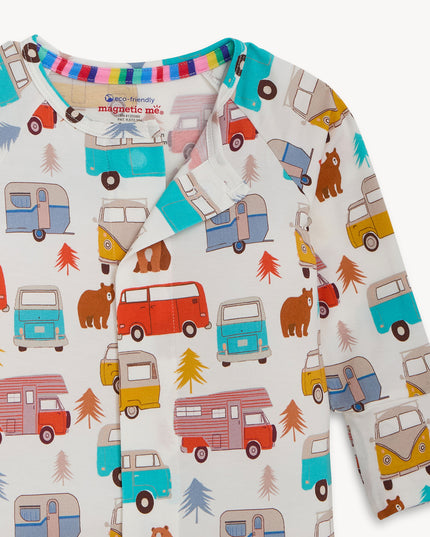 Baby onesie with colorful camping and van pattern
