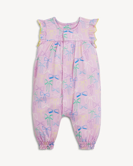 Purple bow pattern romper with ruffle sleeves and magnetic closure