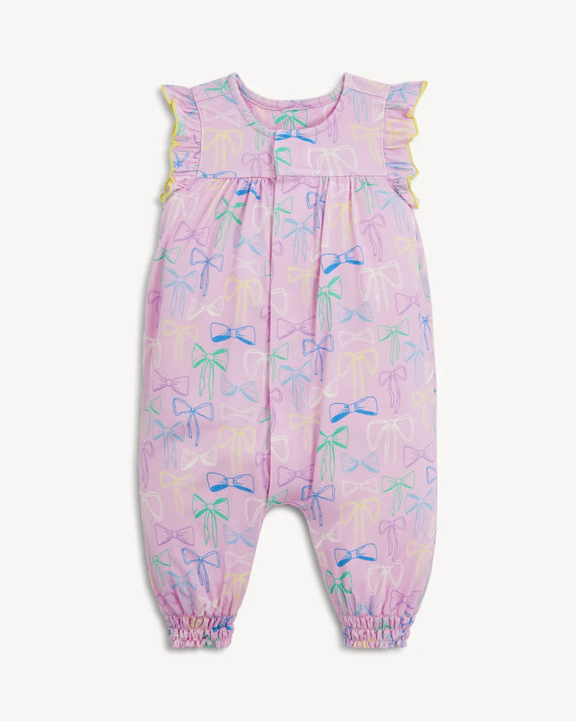 Purple bow pattern romper with ruffle sleeves and magnetic closure