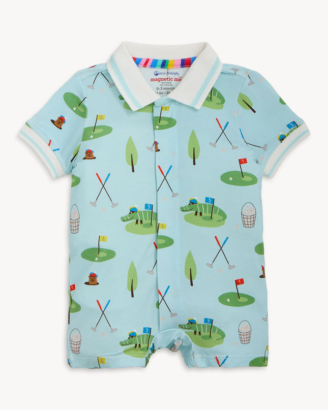 Blue baby polo romper with golf pattern