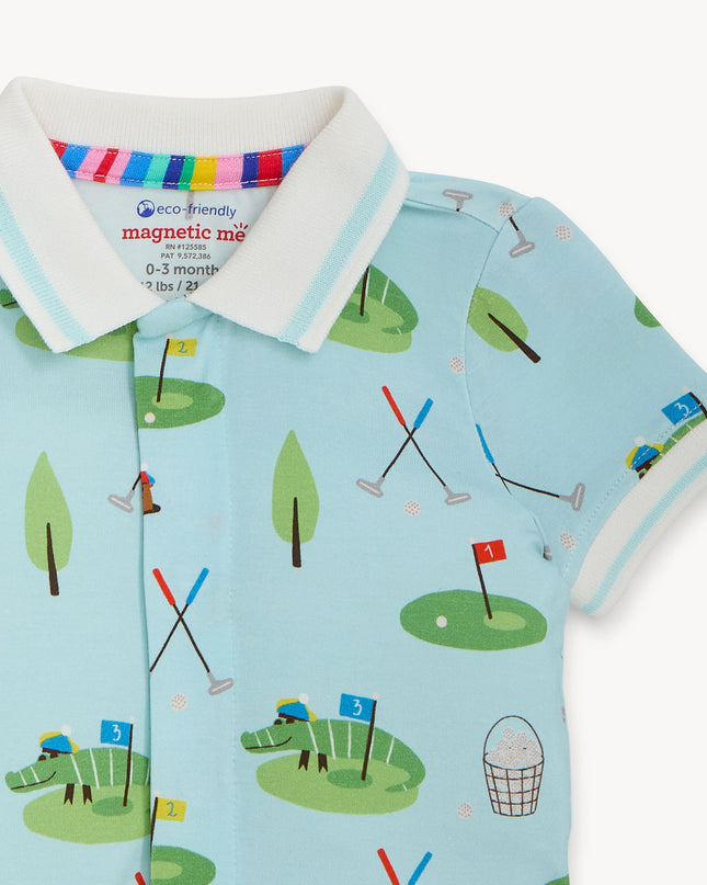 Blue baby polo romper with golf pattern