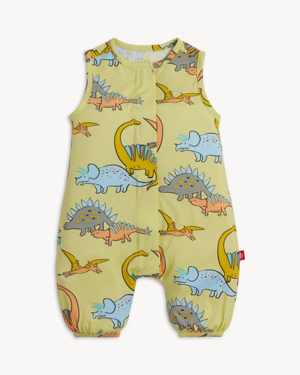Green baby romper with dinosaur print