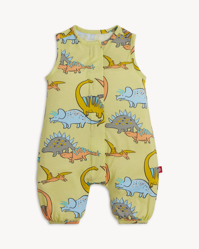 Green baby romper with dinosaur print