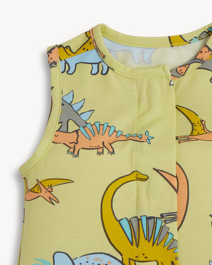 Green baby romper with dinosaur print