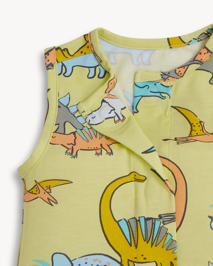 Green baby romper with dinosaur print