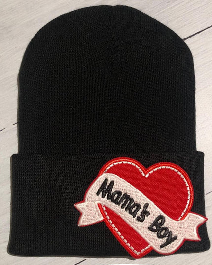 Black hat with "Mama's Boy" heart tattoo patch