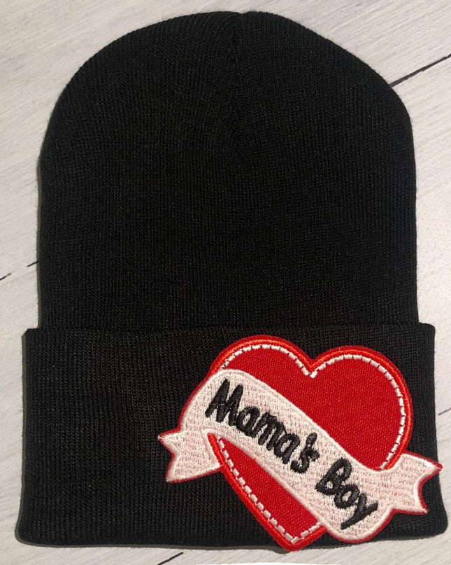 Black hat with "Mama's Boy" heart tattoo patch