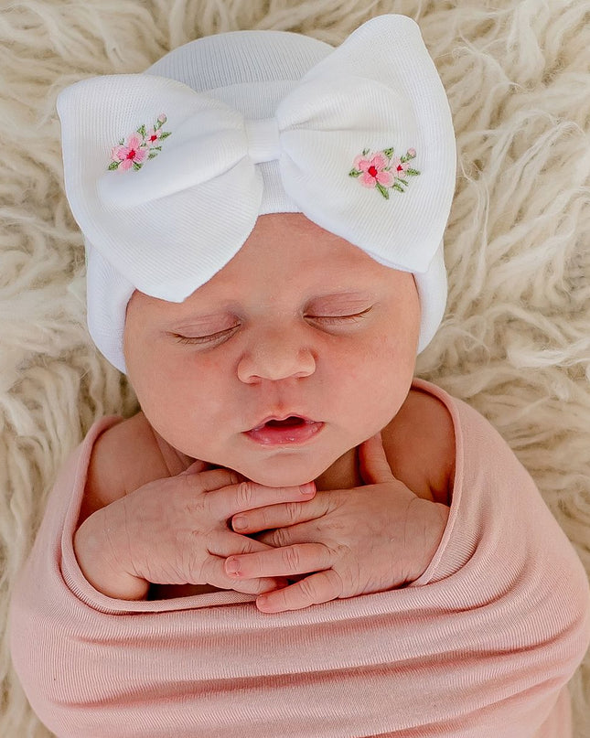 Embroidered Flowers Newborn Bow Hat - Giggles & Glitter