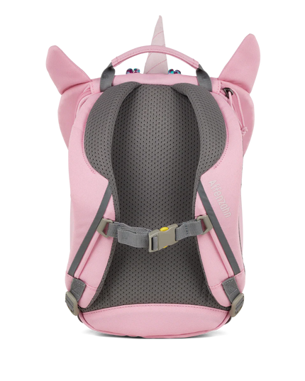 Back of pink unicorn-shaped backpack 
