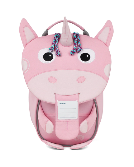 Pink unicorn-shaped backpack with tag
