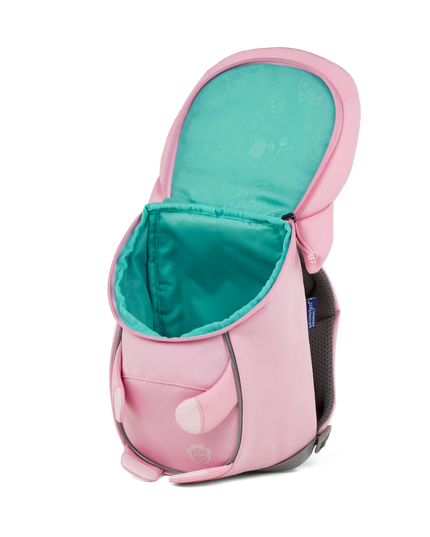 Pink unicorn-shaped backpack with teal interior