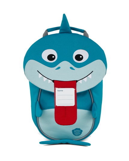 Children's backpack shaped like a shark with name tag