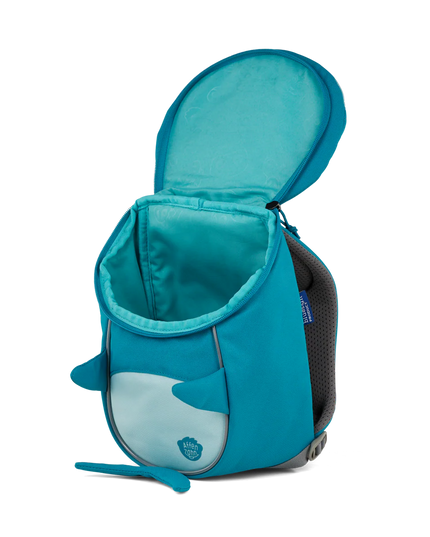 Open children's backpack shaped like a shark