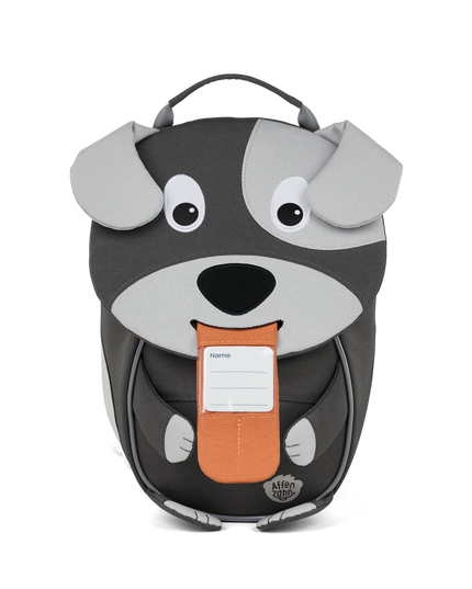 Children's backpack shaped like a dog with name tag