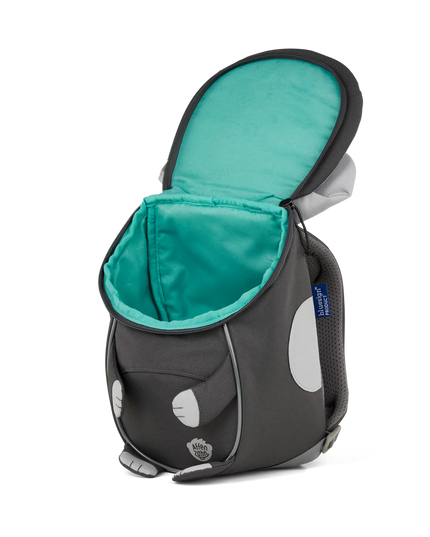 Children's backpack shaped like a dog with teal interior