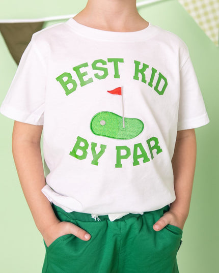 boy wearing white t-shirt that says best kid by par with golf flag graphic 