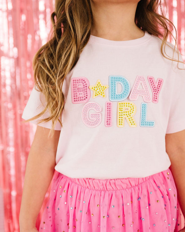 Girl Wearing Pink T-Shirt with Rhinestone B-Day Girl Patch