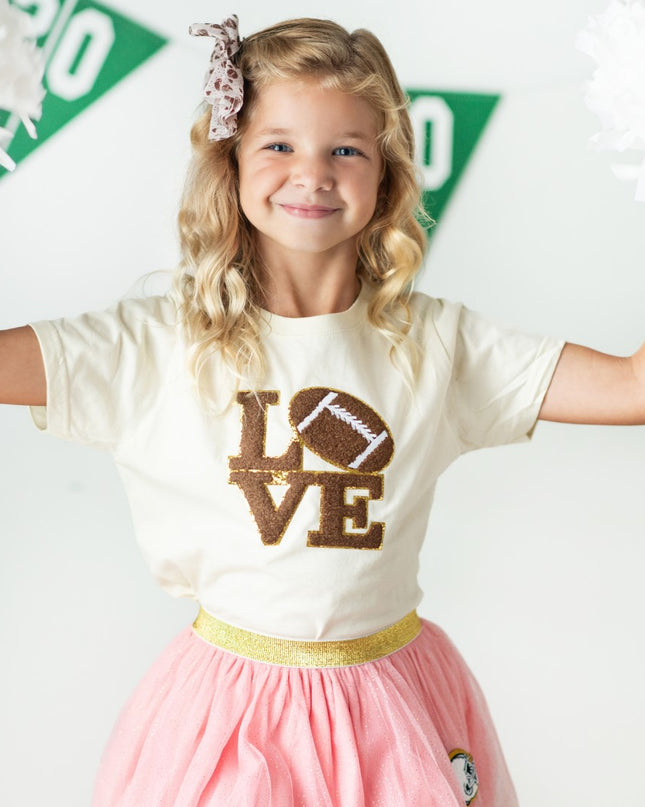 Girl wearing "Love" Football Patch Short Sleeve T-Shirt